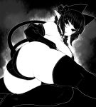  1girl animal_ears ass boots bow braid breasts cat_ears cat_girl cat_tail commentary_request curvy detached_collar detached_sleeves extra_ears greyscale hair_bow haseru_(ginku_mh) heart huge_breasts kaenbyou_rin looking_at_viewer monochrome multiple_tails nekomata open_mouth pointy_ears side_braids sideboob sidelocks solo tail thigh_boots thighhighs touhou twin_braids two_tails 