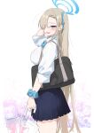  1girl :d absurdres asuna_(blue_archive) bag blonde_hair blue_archive blue_eyes blush breasts hair_over_one_eye halo highres jjjsss long_hair looking_at_viewer pleated_skirt school_bag school_uniform scrunchie simple_background skirt smile solo umbrella white_background 