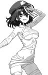  1girl bandages breasts bright_pupils cabbie_hat cleavage cowboy_shot fingernails greyscale groin hat long_fingernails looking_at_viewer medium_breasts miyako_yoshika monochrome navel ofuda onkn_sxkn open_mouth sharp_teeth short_hair simple_background solo teeth touhou underboob 