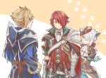  1girl 2boys adol_christin animal_ears aqua_eyes armband armor black_coat black_gloves blonde_hair cat_ears cat_girl closed_mouth coat crown gloves grey_eyes hair_between_eyes hair_over_one_eye hand_on_own_hip hawk_(ys) mishiro_(andante) multiple_boys red_hair red_vest shirt short_hair shoulder_armor sketch standing twitter_username vest white_cat_(ys) white_hair white_shirt ys_ix_monstrum_nox 