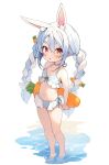  1girl :o aged_down animal_ear_fluff animal_ears bare_arms bare_legs bare_shoulders bikini blue_hair braid carrot carrot_hair_ornament commentary extra_ears flat_chest food-themed_hair_ornament frilled_bikini frills front-tie_bikini_top front-tie_top hair_between_eyes hair_ornament halterneck highres holding hololive inflatable_toy long_hair looking_at_viewer multicolored_hair navel orange_eyes otter_paw_(otter696969) parted_hair parted_lips rabbit-shaped_pupils rabbit_ears rabbit_girl short_eyebrows side-tie_bikini_bottom sidelocks simple_background solo standing stomach swimsuit symbol-shaped_pupils thick_eyebrows twin_braids twintails two-tone_hair usada_pekora virtual_youtuber wading water white_background white_hair 