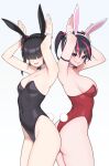  2girls absurdres animal_ears ariduka_anto ariduka_formica armpits arms_up ass bare_shoulders black_hair black_leotard blush breasts covered_navel cowboy_shot detached_collar fake_animal_ears hair_between_eyes hair_ornament highleg highleg_leotard highres houkago_shounen indie_virtual_youtuber large_breasts leotard long_hair looking_at_viewer mole multicolored_hair multiple_girls pink_hair playboy_bunny purple_eyes rabbit_ears rabbit_pose rabbit_tail red_hair red_leotard short_hair small_breasts smile standing strapless strapless_leotard streaked_hair tail teeth thighs twintails two-tone_hair virtual_ant_channel virtual_youtuber white_background 