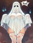  1girl breasts ghost_costume hitodama large_breasts naked_costume nikichen nipples original see-through solo speech_bubble thighhighs torn_clothes torn_thighhighs white_thighhighs 