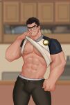  1boy absurdres bara bare_pectorals beard_stubble bespectacled black_hair bulge clothes_lift feet_out_of_frame glasses highres huge_eyebrows large_pectorals lifted_by_self looking_at_viewer lucas_lee male_focus male_underwear male_underwear_peek muscular muscular_male natezhang_(nate_m_evans) pants pectorals scott_pilgrim_takes_off shirt shirt_lift short_hair short_sleeves smile solo standing t-shirt thighs tight_clothes tight_shirt underwear 
