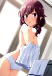  1girl absurdres blue_eyes blush breasts brown_hair collarbone highres indoors izumi_mahiru looking_at_viewer machikado_mazoku navel nipples no_bra non-web_source open_mouth panties school_uniform small_breasts solo topless underwear undressing white_panties window yoshida_ryouko 