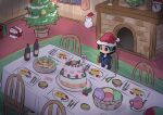  1boy abandoned black_hair bottle cake chair christmas_tree feast fireplace food gift green_hair hat highres japari_bun kemono_friends kemono_friends_2 kyururu_(kemono_friends) layer_cake multicolored_hair salad santa_hat sekiguchi_miiru shirt short_hair short_sleeves snowman tablecloth wine_bottle 