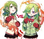  2girls aki_mabayu black_skirt blush bow bowtie boxing_gloves cardigan collared_shirt commentary_request cowboy_shot damenano104 green_cardigan green_eyes green_hair hair_over_one_eye hands_up juliet_sleeves long_hair long_sleeves looking_at_another magia_record:_mahou_shoujo_madoka_magica_gaiden mahou_shoujo_madoka_magica miniskirt mitakihara_school_uniform multiple_girls open_mouth pleated_skirt puffy_sleeves purple_eyes red_bow red_bowtie school_uniform shirt shizuki_hitomi skirt standing sweater triangle_mouth vs white_shirt yellow_sweater 