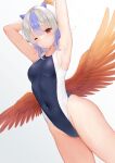  1girl armpits arms_up blush breasts covered_navel cowboy_shot expressionless feathered_wings groin highres horns looking_ahead low_wings medium_hair one-piece_swimsuit one_eye_closed parted_lips petite sideboob small_breasts solo swimsuit tokiko_(touhou) touhou wings y_na1211 