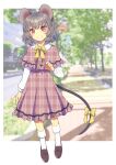  1girl alternate_costume animal_ears black_footwear blurry blurry_background bow bowtie brown_capelet brown_skirt capelet closed_mouth commentary_request commission full_body grey_hair highres looking_at_viewer mouse_ears mouse_girl mouse_tail nayozane_(worker7) nazrin outdoors plaid plaid_capelet plaid_skirt red_eyes short_hair skeb_commission skirt smile socks solo tail tail_bow tail_ornament touhou white_socks yellow_bow yellow_bowtie 