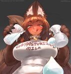  1girl animal_ears animal_hands arm_hair artist_name breasts brown_eyes brown_hair claws clothes_writing collar cow dark_skin dog_ears dog_girl english_text hhhori highres large_breasts long_hair looking_back milk original pouring solo tongue tongue_out 