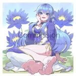  1girl arm_support barefoot blue_dress blue_eyes blue_flower blue_hair blue_lotus_(flower_knight_girl) blue_nails blue_sky blush breasts cleavage commission day dress feet flower flower_knight_girl foot_focus foreshortening full_body gold_trim grass hair_between_eyes hand_up highres indoors large_breasts legs long_hair long_sleeves looking_at_viewer mole mole_under_eye nail_polish omkuros on_ground open_mouth outdoors shiny_skin side_slit sitting skeb_commission sky soles solo spread_toes thighs toenail_polish toenails toes two-tone_dress white_dress 