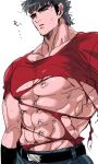  1boy abs bara chanko_neru cowboy_shot from_below half-closed_eyes hokuto_no_ken large_pectorals long_sideburns looking_at_viewer male_focus mature_male muscular muscular_male navel nipples pectorals scar scar_on_stomach shirt short_hair sideburns solo stomach strongman_waist sweat thick_eyebrows torn_clothes torn_shirt translation_request underpec very_sweaty wardrobe_malfunction 