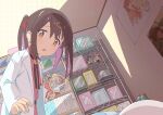  ! !! 2girls ? blanket book brown_hair ceiling figure hair_ornament hair_ribbon hairclip hand_mirror highres holding holding_mirror indoors kaai_yuu lab_coat looking_at_viewer mirror multicolored_hair multiple_girls onii-chan_wa_oshimai! open_mouth oyama_mahiro oyama_mihari ponytail poster_(object) purple_hair red_ribbon red_shirt reflection ribbon shelf shirt two-tone_hair white_hair 