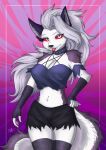  absurd_res anthro big_breasts black_clothing black_handwear bottomwear breasts canid canid_demon canine clothed clothing collar crop_top demon digital_media_(artwork) female fur goth hair handwear hellhound helluva_boss hi_res lace_stockings legwear long_hair looking_at_viewer loona_(helluva_boss) mammal piercing pinup pistacho pose red_eyes shirt shorts simple_background smile solo stockings tail tights tongue topwear white_body white_fur 