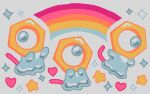  commentary english_commentary grey_background heart meltan mixtercandy no_humans nut_(hardware) pokemon pokemon_(creature) rainbow simple_background star_(symbol) 