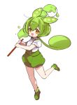  1girl :3 boots commentary_request food green_footwear green_hair green_shorts hair_between_eyes highres holding holding_food leg_up long_hair looking_at_viewer low_ponytail mota open_mouth orange_eyes puffy_short_sleeves puffy_sleeves shirt shirt_tucked_in short_sleeves shorts smile solo suspender_shorts suspenders very_long_hair voicevox white_background white_shirt zunda_mochi zundamon 