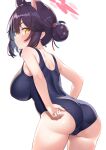  &gt;:) 1girl alternate_costume ass bare_arms bare_shoulders black_hair blue_archive blue_one-piece_swimsuit blush breasts closed_mouth cowboy_shot from_side hair_bun halo highres huge_breasts impossible_clothes impossible_swimsuit kaede_(blue_archive) looking_at_viewer looking_to_the_side one-piece_swimsuit pink_halo school_swimsuit simple_background single_side_bun smile solo sonao swimsuit v-shaped_eyebrows white_background yellow_eyes 