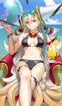  1girl alternate_costume ball beachball bikini black_bikini blue_ribbon blue_sky braid breasts chair cleavage cloud crossed_bangs crossed_legs cup day drink earrings eyewear_on_head fate/grand_order fate_(series) fingernails globe gradient_hair hair_between_eyes hair_ribbon holding holding_ball holding_cup homunculus_(alchemynote) horns jewelry long_hair looking_at_viewer medium_breasts multicolored_hair navel ocean official_art olga_marie_animusphere orange_eyes orange_hair outdoors ribbon single_braid single_horn sitting sky smile solo sunglasses swimsuit two-tone_hair u-olga_marie very_long_hair water white_hair yellow_horns 