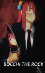  absurdres american_psycho artist_name blush bocchi_the_rock! closed_eyes closed_mouth cosplay formal gotoh_hitori highres knife necktie nyztsune parody patrick_bateman patrick_bateman_(cosplay) red_background reflection signature simple_background 