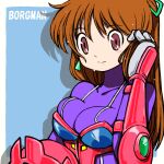  1girl anice_farm beeru_(veil8801) bodysuit breasts brown_eyes brown_hair chouon_senshi_borgman cleavage closed_mouth earrings gloves hair_ribbon headwear_removed helmet helmet_removed jewelry long_hair looking_at_viewer power_armor ribbon simple_background smile solo 