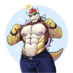  2023 abs absurd_res anthro barazoku belt biceps big_muscles blue_background border bottomwear bowser bracelet clothed clothing collar crown denim denim_clothing emanata eyebrows hair headgear hi_res horn jeans jewelry koopa lexferran looking_at_viewer male mario_bros muscular muscular_anthro muscular_male navel nintendo nipples non-mammal_nipples pants pecs raised_clothing raised_shirt raised_topwear scalie serratus shell shirt signature simple_background smile solo spiked_bracelet spiked_collar spiked_shell spiked_tail spikes spikes_(anatomy) standing teeth tongue topwear white_border 
