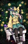  1girl black_background black_headwear bow commentary flower full_body green_eyes green_hair green_skirt hat hat_bow highres komeiji_koishi shirt short_hair simple_background sitting skirt solo statisticstater third_eye touhou yellow_bow yellow_shirt 