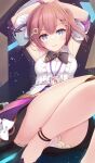  1girl anklet armpit_crease arms_behind_head arms_up asta_(honkai:_star_rail) bare_shoulders black_bow black_bowtie black_skirt blue_eyes blunt_bangs blush bow bowtie box bracelet braid breasts bright_pupils cardboard_box center_frills choker closed_mouth commentary_request double-parted_bangs frills hair_ornament highres honkai:_star_rail honkai_(series) id_card jewelry komone_ushio looking_at_viewer medium_breasts one_side_up panties pantyshot pink_hair purple_choker shirt short_hair skirt sleeveless sleeveless_shirt smile solo thighs underwear upskirt white_bow white_panties white_pupils white_shirt 