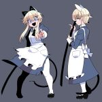  1girl animal_ears apron aqua_eyes back_bow black_footwear blonde_hair bow braid character_request closed_mouth commentary_request copyright_request fake_animal_ears from_side full_body grey_background hair_between_eyes highres holding jaggy_lines legs_apart long_hair long_sleeves looking_at_viewer multiple_views omiya_(louise-louis-lucille) open_mouth outstretched_arm pocket shoes sidelocks simple_background standing tail tareme torn_clothes white_apron wing_collar 