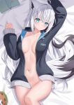  1girl ahoge animal_ear_fluff animal_ears arm_up bed_sheet black_jacket blush book breasts commentary_request fox_ears fox_girl fox_tail green_eyes hair_between_eyes highres hololive jacket kag_tsukimi long_hair looking_at_viewer lying navel no_bra no_panties on_back open_clothes open_jacket paid_reward_available pentagram shirakami_fubuki shirakami_fubuki_(7th_costume) sidelocks small_breasts solo tail virtual_youtuber white_hair 