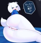  anthro anus blue_eyes blush bodily_fluids butt cave_story clothing female genital_fluids genitals hi_res ibukyu lagomorph looking_at_viewer looking_back lying mammal mimiga on_side open_mouth pussy solo speech_bubble sue_sakamoto sweater tail tail_tuft topwear tuft 