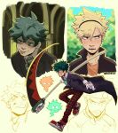  2boys absurdres alternate_universe artist_name bakugou_katsuki black_jacket blonde_hair blush boku_no_hero_academia collared_shirt commentary cosplay english_commentary freckles full_body gloves green_eyes green_hair green_necktie habkart hair_between_eyes highres holding holding_scythe jacket long_sleeves looking_at_viewer maka_albarn maka_albarn_(cosplay) male_focus midoriya_izuku multiple_boys multiple_views necktie open_mouth pants print_pants red_eyes red_footwear red_pants scythe shirt shoes short_hair sneakers soul_eater soul_evans soul_evans_(cosplay) spiked_hair tongue tongue_out upper_body white_gloves yellow_background 