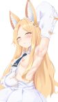  1girl absurdres animal_ear_fluff animal_ears arm_up armpits between_breasts blonde_hair blue_archive blush breasts breasts_out clothes_between_breasts detached_sleeves dress extra_ears fox_ears fox_girl halo highres long_hair looking_at_viewer nipples pink_eyes presenting_armpit seia_(blue_archive) sleeves_past_wrists small_breasts solo white_dress white_sleeves yellow_halo ykt_scl 