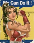  1girl arm_guards bare_shoulders breasts brown_eyes brown_hair cedric_poulat cleavage fatal_fury high_ponytail japanese_clothes large_breasts lips long_hair looking_at_viewer ninja ponytail revealing_clothes rope rosie_the_riveter shiranui_mai sideboob signature smile snk solo the_king_of_fighters video_game we_can_do_it! 