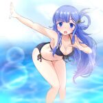  1girl arm_up asari_nanami bare_shoulders bikini black_bikini blue_eyes blue_hair blue_sky blurry blurry_background blush breasts cleavage cloud collarbone dot_nose fish_hair_ornament front-tie_bikini_top front-tie_top hair_ornament hair_over_shoulder hair_rings hand_up hicha_wynn idolmaster idolmaster_cinderella_girls idolmaster_cinderella_girls_starlight_stage leaning_forward lens_flare lens_flare_abuse long_hair looking_at_viewer open_hands open_mouth outstretched_arm side-tie_bikini_bottom sky small_breasts smile solo standing swimsuit teeth upper_teeth_only v-shaped_eyebrows very_long_hair wading water 