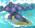  abs absurd_res big_pecs bulge clothing detailed_bulge eyewear generation_1_pokemon glasses hi_res humanoid machoke maldu male muscular muscular_humanoid muscular_male muscular_thighs nintendo nipple_piercing nipples pecs piercing pokemon pokemon_(species) ryuji_kaiyo speedo staryu surfboard surfing swimwear underwear water wave 