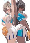  2girls arm_up armpits asuna_(blue_archive) asymmetrical_bangs bare_shoulders black_hair blue_archive blue_eyes blush breasts cheering cheerleader cleavage criss-cross_halter crop_top dark-skinned_female dark_skin detached_collar halterneck highres holding holding_pom_poms karin_(blue_archive) large_breasts light_brown_hair long_bangs looking_at_viewer midriff millennium_cheerleader_outfit_(blue_archive) miniskirt mole mole_on_breast multiple_girls navel pleated_skirt pom_pom_(cheerleading) ponytail silver_bullet_(ecc12_8) skirt smile sports_bra star_sticker sticker_on_face sweat two-tone_skirt white_background white_skirt yellow_eyes 