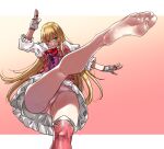  1girl ascot asymmetrical_legwear barefoot blonde_hair blue_eyes blunt_bangs border eiji_(eiji) feet fingerless_gloves foot_out_of_frame foreshortening gloves highres hime_cut kicking legs lili_(tekken) panties pink_panties red_ascot sidelocks simple_background soles solo tekken tekken_8 toes underwear upskirt white_border white_gloves 