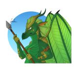  anthro big_breasts blood bodily_fluids breasts clothed clothing countershading cut_(wound) dragon featureless_breasts female frill_(anatomy) frown gold_scales green_body green_scales hi_res leaf_wings leafwing_(wof) looking_at_viewer lunula_(artist) melee_weapon membrane_(anatomy) membranous_frill multicolored_body multicolored_scales navel non-mammal_breasts non-mammal_navel nude nude_female polearm scales solo spear spines sundew_(wof) topless tribal weapon wings wings_of_fire wounded 