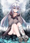  ahoge bandaged_leg bandages blood blood_on_bandages blue_eyes blue_sealad blurry blurry_background coat codename:_bakery_girl fur-trimmed_coat fur_trim grey_socks highres jefuty_(bakery_girl) long_hair own_hands_together penguin_print pine_tree reverse_collapse_(series) snow snow_on_tree snowflakes socks tree white_hair 