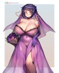  1girl absurdres alternate_breast_size boku_no_hero_academia breasts flower highres huge_breasts jirou_kyouka lactation looking_at_viewer navel nipples plump purple_hair pussy short_hair smile solo stomach suavi-cream thighs wide_hips 