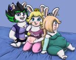  2023 accessory anthro artist_logo bangs bed bedding belly big_breasts black_bottomwear black_clothing black_hair black_shorts blanket blonde_hair blue_clothing blue_dress blue_eyes blush bottomwear bra_strap breast_squish breasts chubby_female cleavage clothed clothing crossover crown double_chin dress ear_piercing edge_(mario_plus_rabbids) eyebrows eyelashes facial_markings fangs female fur furniture gloves green_hair group hair hair_over_eye half-closed_eyes hand_on_bed hand_on_hip hand_on_stomach handwear head_markings headgear hi_res jewelry kneeling lagomorph leaning leaning_back leaning_on_another leaning_on_shoulder lips logo long_ears long_hair looking_at_viewer makeup mammal mario_bros mario_plus_rabbids_kingdom_battle mario_plus_rabbids_sparks_of_hope markings mitten_hands multicolored_body multicolored_hair muscular muscular_anthro muscular_female narrowed_eyes navel nintendo one_eye_obstructed overweight overweight_anthro overweight_female pants pawpads piercing pink_bottomwear pink_clothing pink_nose pink_pants pregnant pregnant_anthro pregnant_female purple_clothing purple_topwear purple_vest rabbid rabbid_peach rabbid_rosalina raving_rabbids rayman_(series) shirt short_stack shorts simple_background sitting_on_feet skywater smile smiling_at_viewer spiky_hair spread_legs spreading squish star tan_body tan_pawpads tan_skin teeth text text_on_clothing thick_eyebrows thick_thighs toothy_grin topwear torn_clothing trio ubisoft vest white_body white_fur 