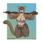  1:1 2023 abs absurd_res anthro belt big_breasts body_hair bottomwear breasts brown_body brown_fur clothing colored cougar deep_navel dipstick_ears dipstick_limbs dipstick_tail felid feline female fur gradient_background green_eyes grin gun happy_trail hi_res looking_at_viewer mammal markings multicolored_ears muscular muscular_female navel nipples open_mouth pants panzerschreckleopard pink_nipples pubes ranged_weapon shotgun simple_background smile solo tail tail_markings tan_body tan_fur teeth unbuckled_belt unbuttoned_pants weapon winchester_1897 