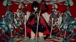  1girl black_dress black_hair dress flower hair_between_eyes highres holding holding_sword holding_weapon kneeling long_hair long_sleeves looking_at_viewer original red_background red_eyes skeleton solo sword washiya0 weapon 