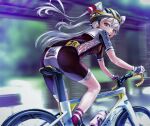  1girl alternate_costume amatsukaze_(kancolle) ass ass_focus bicycle_helmet bike_jersey bike_shorts bottle brown_eyes from_side gloves helmet kantai_collection long_hair looking_at_viewer rensouhou-kun solo water_bottle white_gloves white_hair yamatoshi 