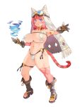  1girl armlet blue_eyes boots breasts cat_tail chain_paradox choker covered_nipples curvy fingerless_gloves full_body gloves goggles goggles_on_head highres huge_breasts long_hair looking_at_viewer magic navel official_art ofuda outstretched_arm photoshop_(medium) pink_hair pink_thighhighs revealing_clothes ryoji_(nomura_ryouji) serious single_thighhigh slit_pupils solo striped_tail tail thigh_strap thighhighs toeless_footwear transparent_background veil 