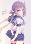  1girl absurdres akebono_(kancolle) bell black_thighhighs blue_sailor_collar blue_skirt flower from_behind hair_bell hair_flower hair_ornament highres hizaka jingle_bell kantai_collection long_hair looking_at_viewer one-hour_drawing_challenge pleated_skirt purple_eyes purple_hair sailor_collar school_uniform serafuku side_ponytail skirt solo thighhighs very_long_hair 