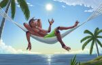  2023 2_toes 3_fingers abs antennae_(anatomy) anthro arachnid arthropod artist_logo beach black_eyes black_hair blue_sky brown_body brown_fur cheek_tuft chin_tuft clothing detailed_background facial_tuft fangs feet fingers fur gradient_sky green_clothing green_swimming_trunks green_swimwear hair half-closed_eyes hammock hands_behind_head hi_res logo lying male mohawk multi_eye multi_limb narrowed_eyes on_back palm_tree plant raised_hand sammfeatblueheart sand sea seaside shaded shrub signature sky solid_eyes solo spider spider_web sun swimming_trunks swimwear swimwear_only teeth toes tree tuft water white_clouds yellow_sky 