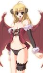  1girl ahoge archived_source bare_shoulders bat_wings black_horns black_panties black_sleeves bow bow_panties breasts bridal_garter cleavage demon_girl demon_horns detached_sleeves fur-trimmed_sleeves fur_trim hair_between_eyes horns jewelry legs_together long_hair long_sleeves medium_breasts navel neck_ring panties ragnarok_online red_bow red_wings sidelocks simple_background solo standing succubus_(ragnarok_online) toujou_akira underwear white_background wings 