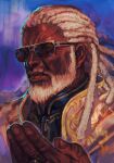  1boy beard blue_background chain dark_skin dreadlocks expressionless facial_hair hungry_clicker jewelry leroy_smith long_hair looking_at_viewer male_focus old old_man portrait realistic ring scar scar_on_face solo sunglasses tekken tekken_8 white_hair 