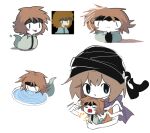  &gt;_&lt; 2others androgynous atoymk black_headwear blue_eyes brown_hair closed_mouth colored_skin commentary_request kurohebi kuzu_suzumi lapping len&#039;en multiple_others multiple_views no_nose open_mouth orange_shirt other_focus purple_scarf scarf shirt short_hair simple_background sketch smile tongue tongue_out turban white_background white_skin 